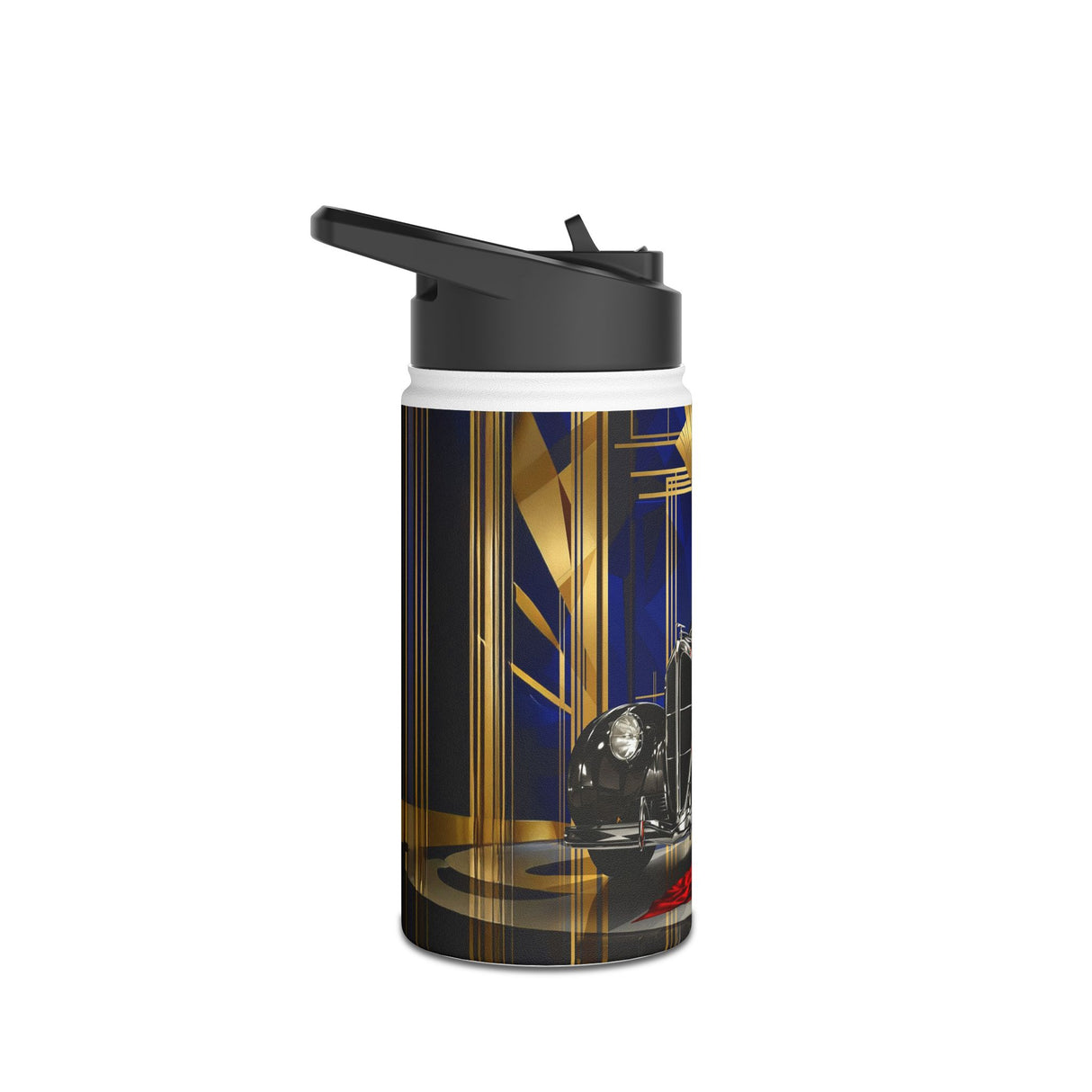 Close-up of the Art Deco Glamour Stainless Steel Water Bottle displaying vibrant artwork of a figure in a red gown next to a vintage car.