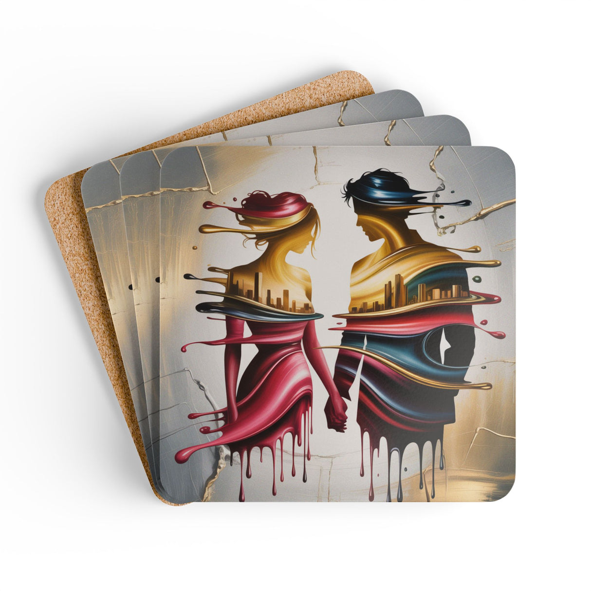 Abstract Couples Cork Coaster Set — Romantic Drip Art Drink Coasters