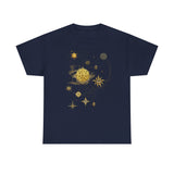 Celestial Compass Tee — Gold Star & Moon Astrology Graphic Shirt displayed on a hanger highlighting its classic crew neckline.