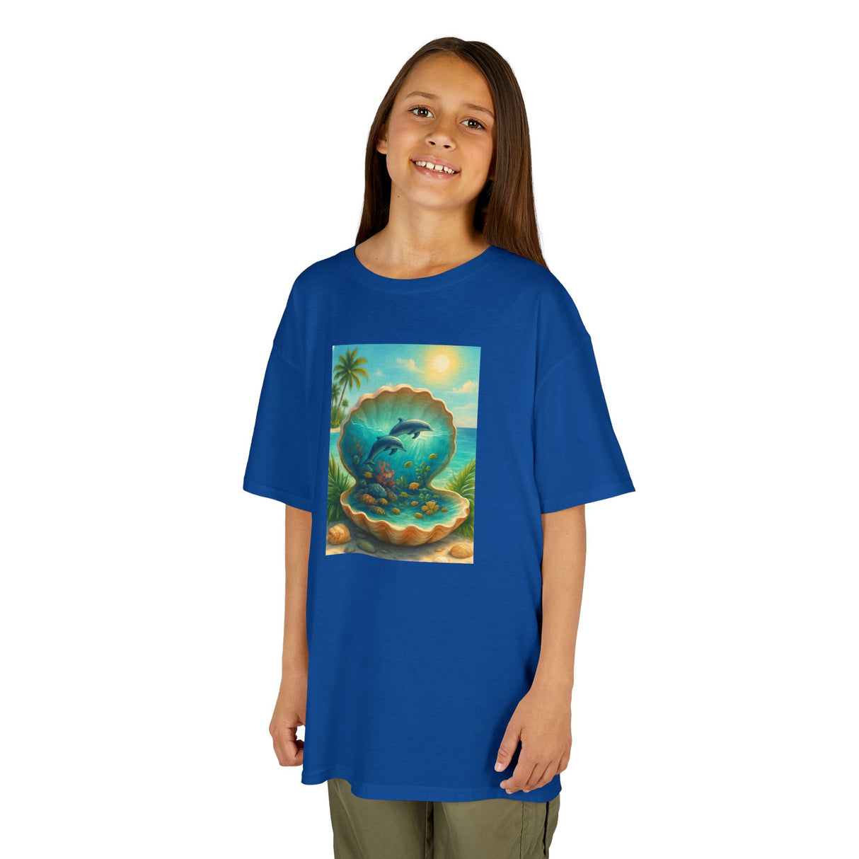 Detailed view of the Kids Tee — Ocean Pearl Dolphin Shell Beach Graphic’s vibrant print showing dolphins and a shell.