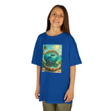 Detailed view of the Kids Tee — Ocean Pearl Dolphin Shell Beach Graphic’s vibrant print showing dolphins and a shell.