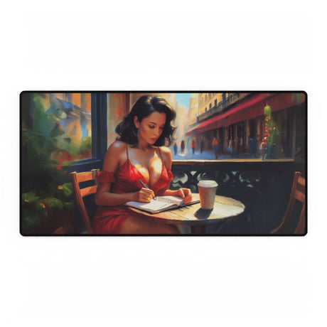 Chic Artist Desk Mat - Coffee & Creativity showcasing vibrant colors and artistic design on a beautiful workspace.