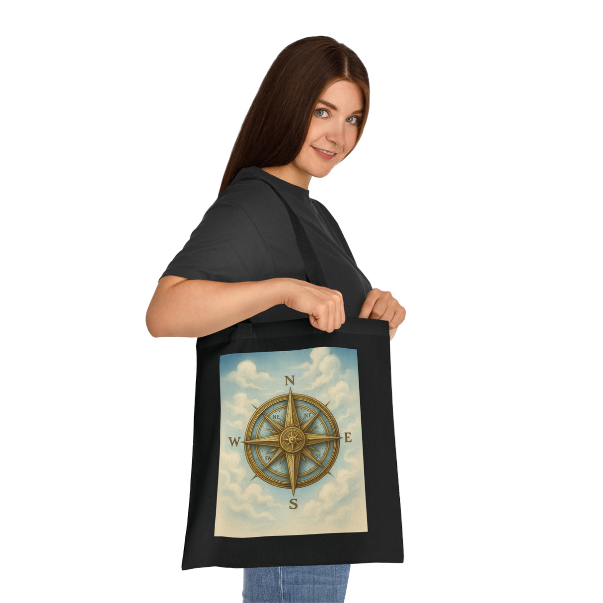 Artistic shot of the Vintage Compass Cotton Tote Bag against a colorful background.