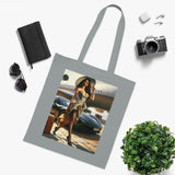 Chic Travel Cotton Tote Bag on a shopping trip, illustrating its versatile use and stylish design.