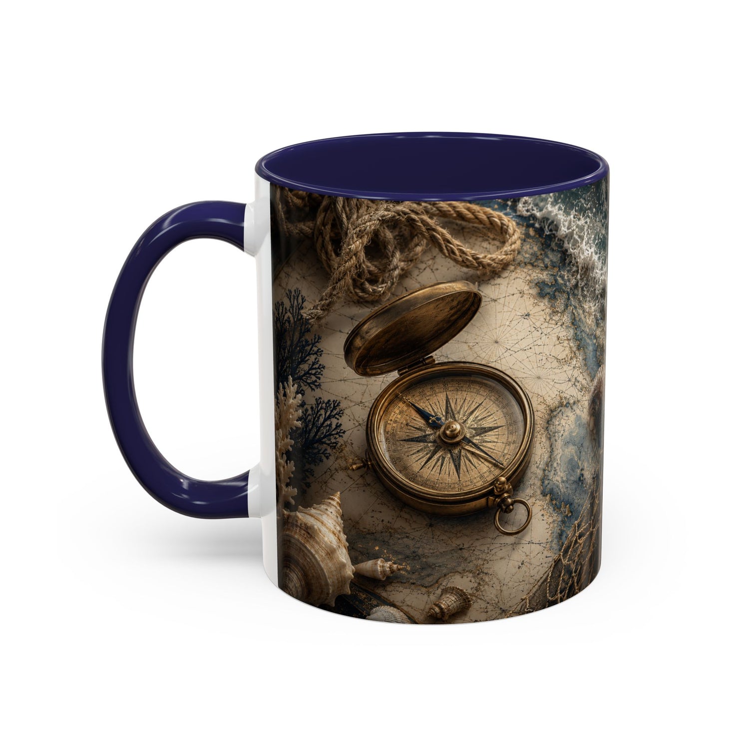 Nautical Compass Accent Coffee Mug – Vintage Sea Shells &amp; Compass Travel Design (11oz)