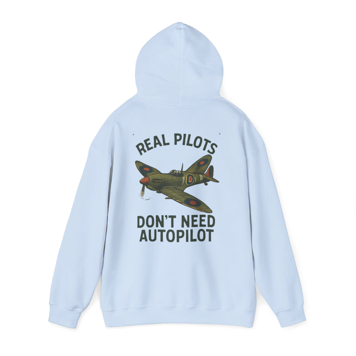 Back view of the Pilot Hoodie – 'Real Pilots Don't Need Autopilot' revealing the unique vintage-style fighter plane design.