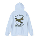 Back view of the Pilot Hoodie – 'Real Pilots Don't Need Autopilot' revealing the unique vintage-style fighter plane design.