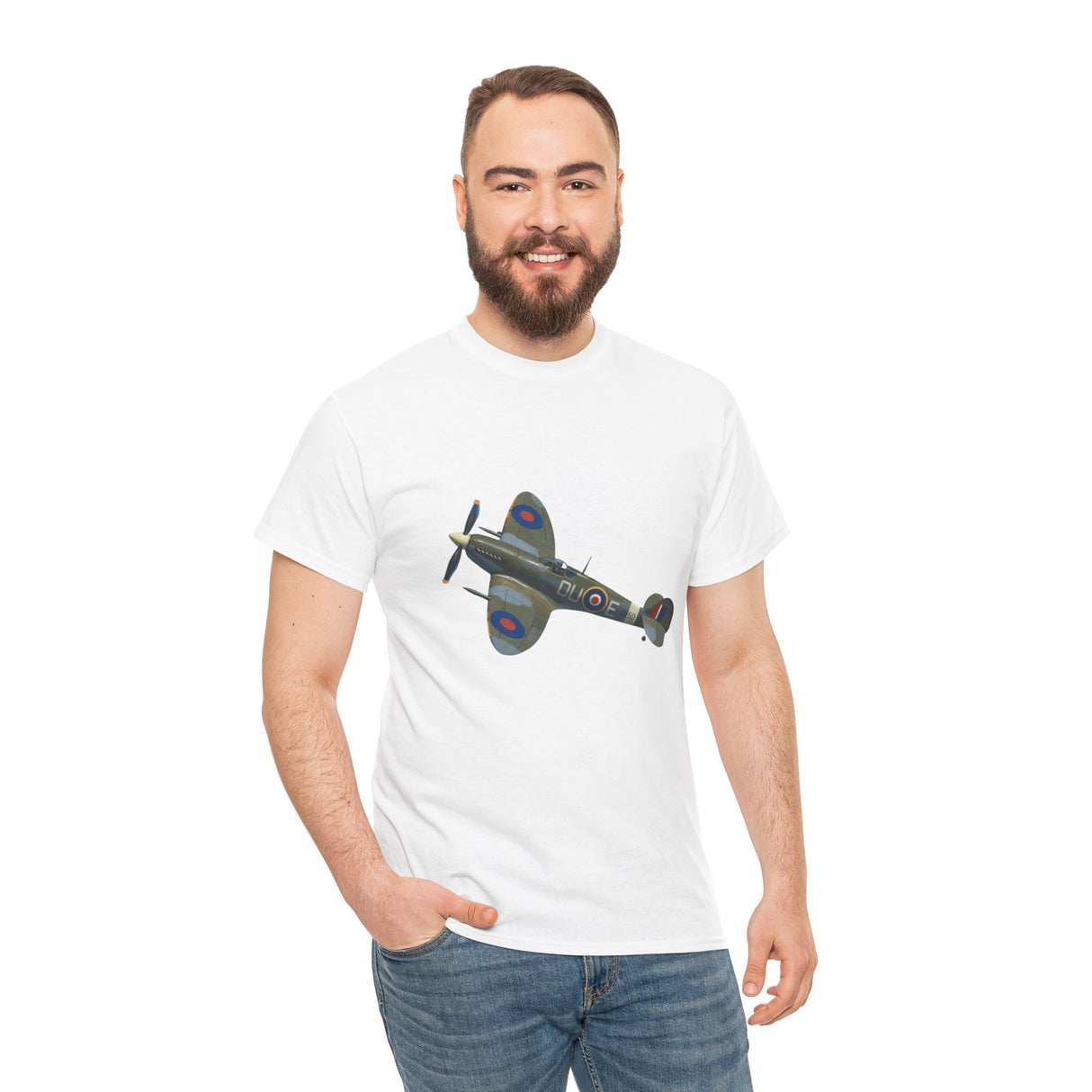 Man showcasing the vintage WWII Spitfire Fighter Plane T-Shirt featuring a timeless aircraft graphic