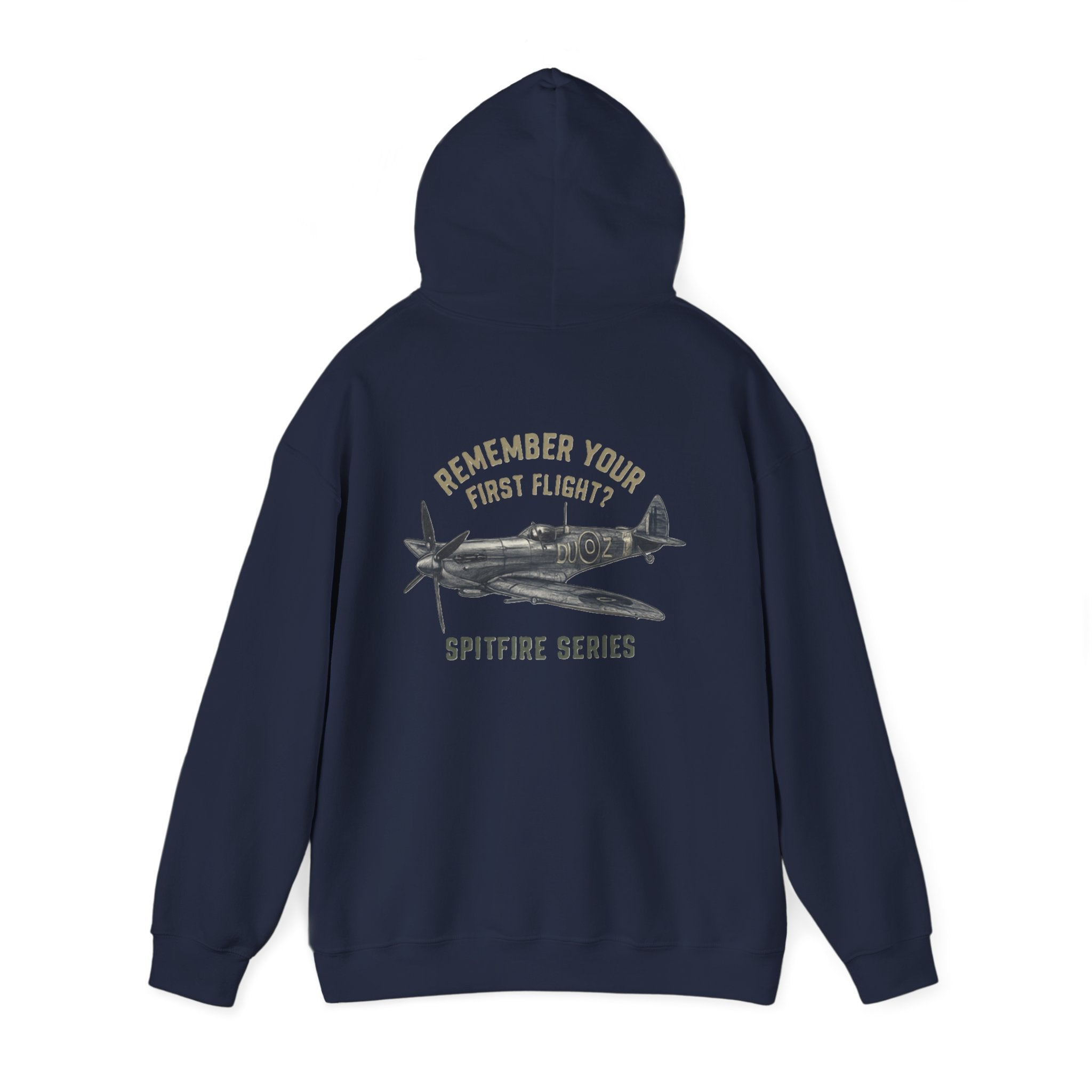 Close-up of the print on the Spitfire Series Hoodie - Remember Your First Flight? emphasizing the vintage design elements.