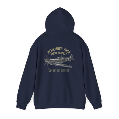 Close-up of the print on the Spitfire Series Hoodie - Remember Your First Flight? emphasizing the vintage design elements.