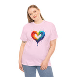 A casual day look featuring the Rainbow Drip Heart T-Shirt paired with denim shorts, perfect for summer.