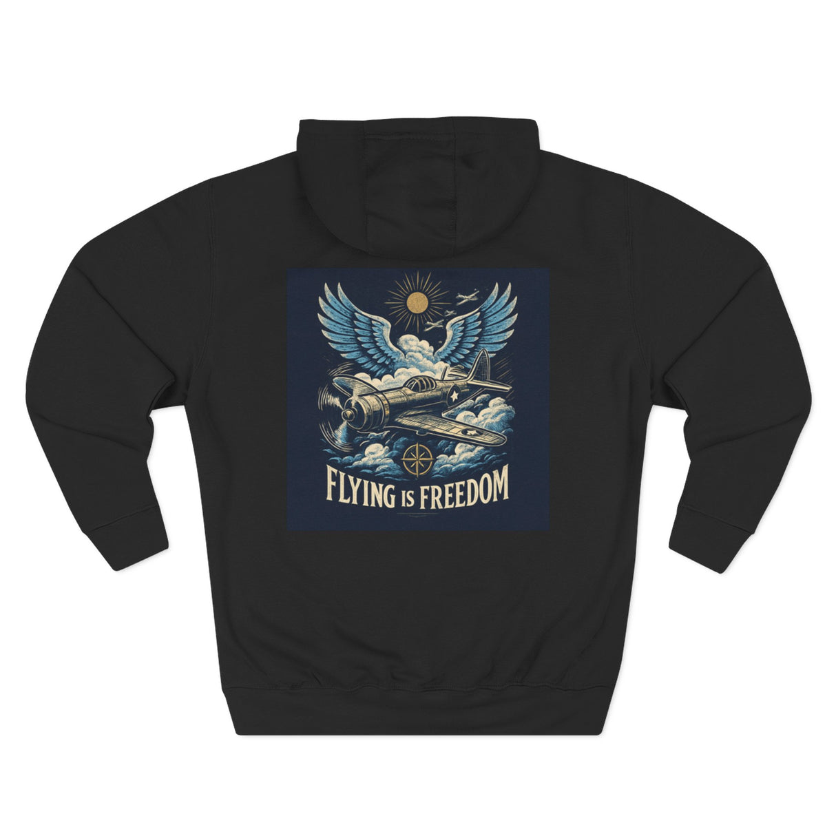 Back view of the Flying Is Freedom Hoodie displaying the words 'Flying Is Freedom' with a vintage plane illustration.