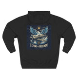 Back view of the Flying Is Freedom Hoodie displaying the words 'Flying Is Freedom' with a vintage plane illustration.