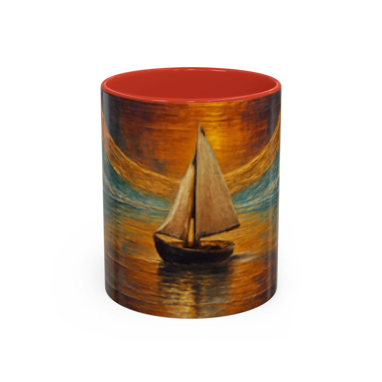 The Sail into the Sun Ceramic Coffee Mug filled with coffee, capturing the serene morning vibe of a nautical journey.