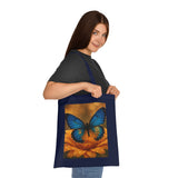 Blue Butterfly Cotton Tote — Nature Floral Reusable Shopper Bag showcasing a vibrant blue butterfly perched on a bright orange flower.