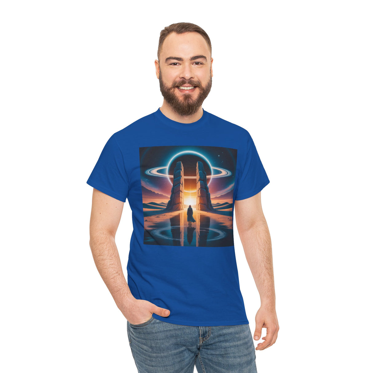 Cosmic Gateway Tee — Sci-Fi Sunset Portal Graphic T-Shirt being modeled at a convention.