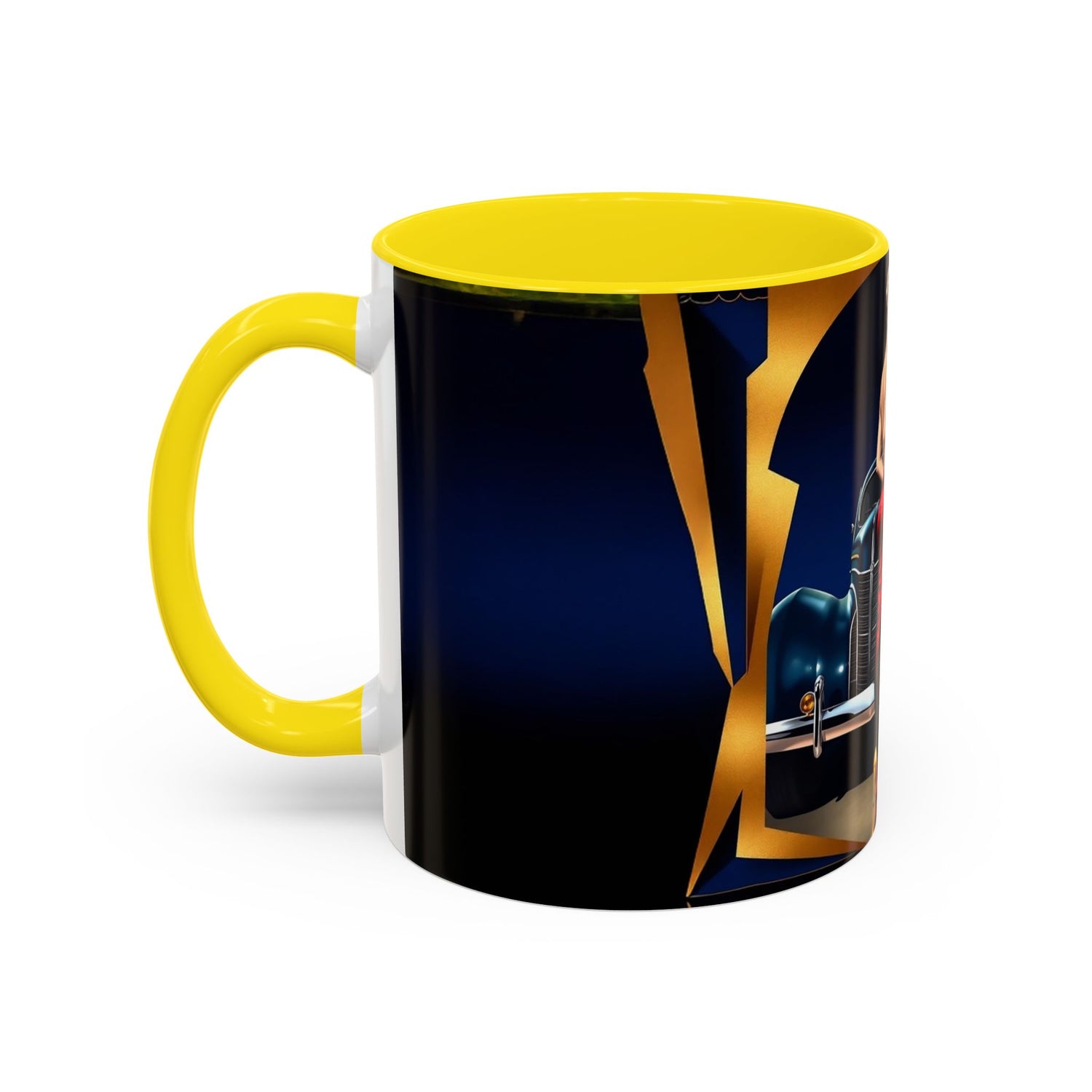 Vintage Pin-Up Coffee Mug - Classic Car Design surrounded by delightful breakfast items.