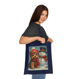 Double-sided print Christmas Snowman Tote Bag highlighting a playful snowman ready for holiday shopping.