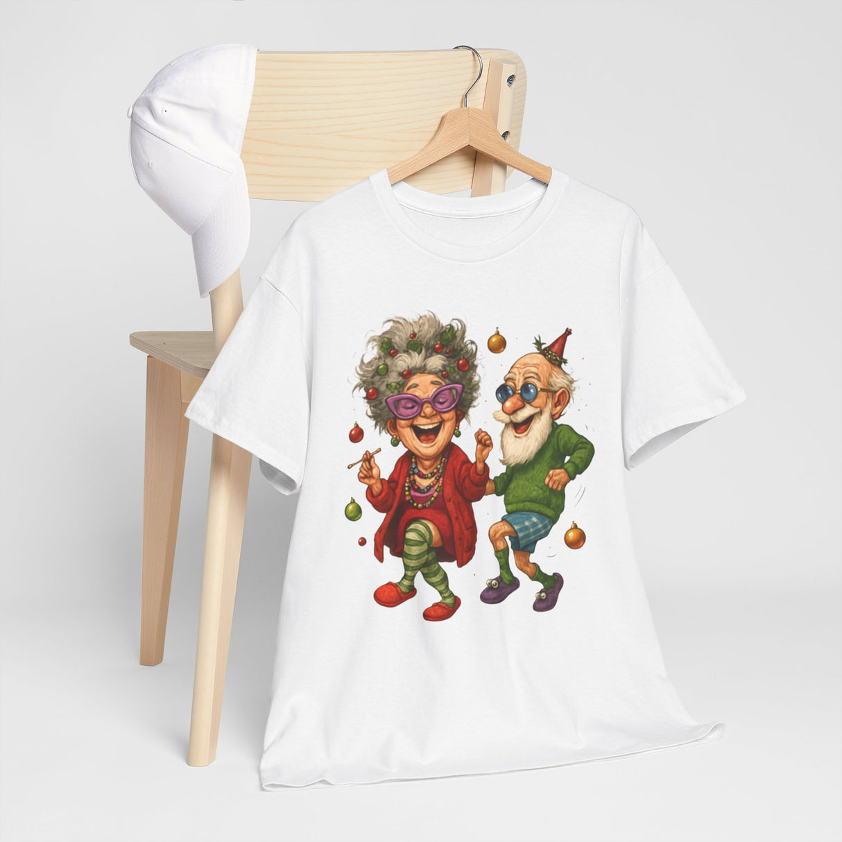 Cheerful Dancing Seniors Illustration T‑Shirt showcasing a lively graphic of an elderly couple.