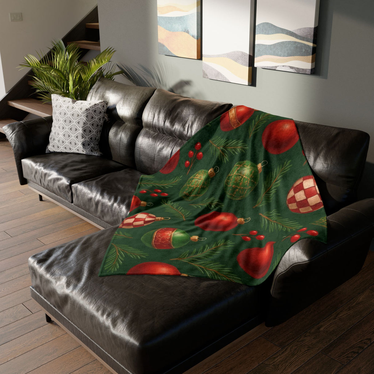 Stylish and durable Christmas Ornament Throw Blanket designed with festive red and green ornaments, great for holiday decor.
