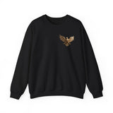 Lifestyle image of the Crewneck Sweatshirt — Medieval Knight & Eagle Graphic, layered under a coat.