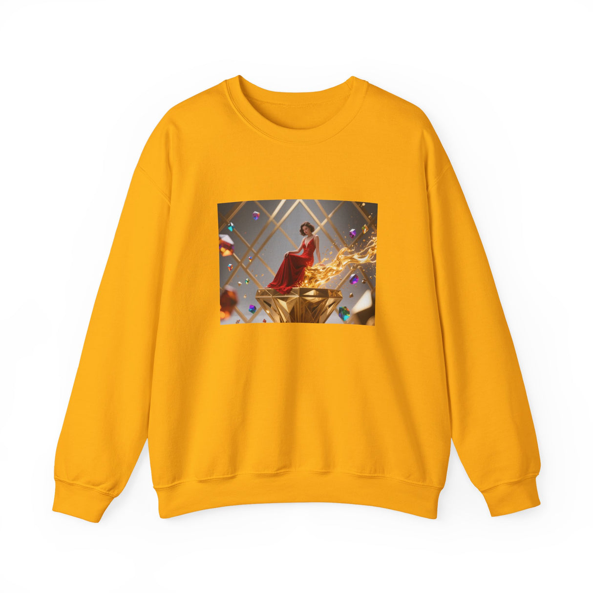 Crewneck Sweatshirt — Elegant Red Gown Art Print (Regal Celebration) featuring a nostalgic artistic design of a woman in a spotlight.