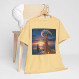 Flat lay of the Romantic Moonlit Couple T-Shirt — Sunset Fantasy Illustration Tee alongside accessories for a stylish outfit.