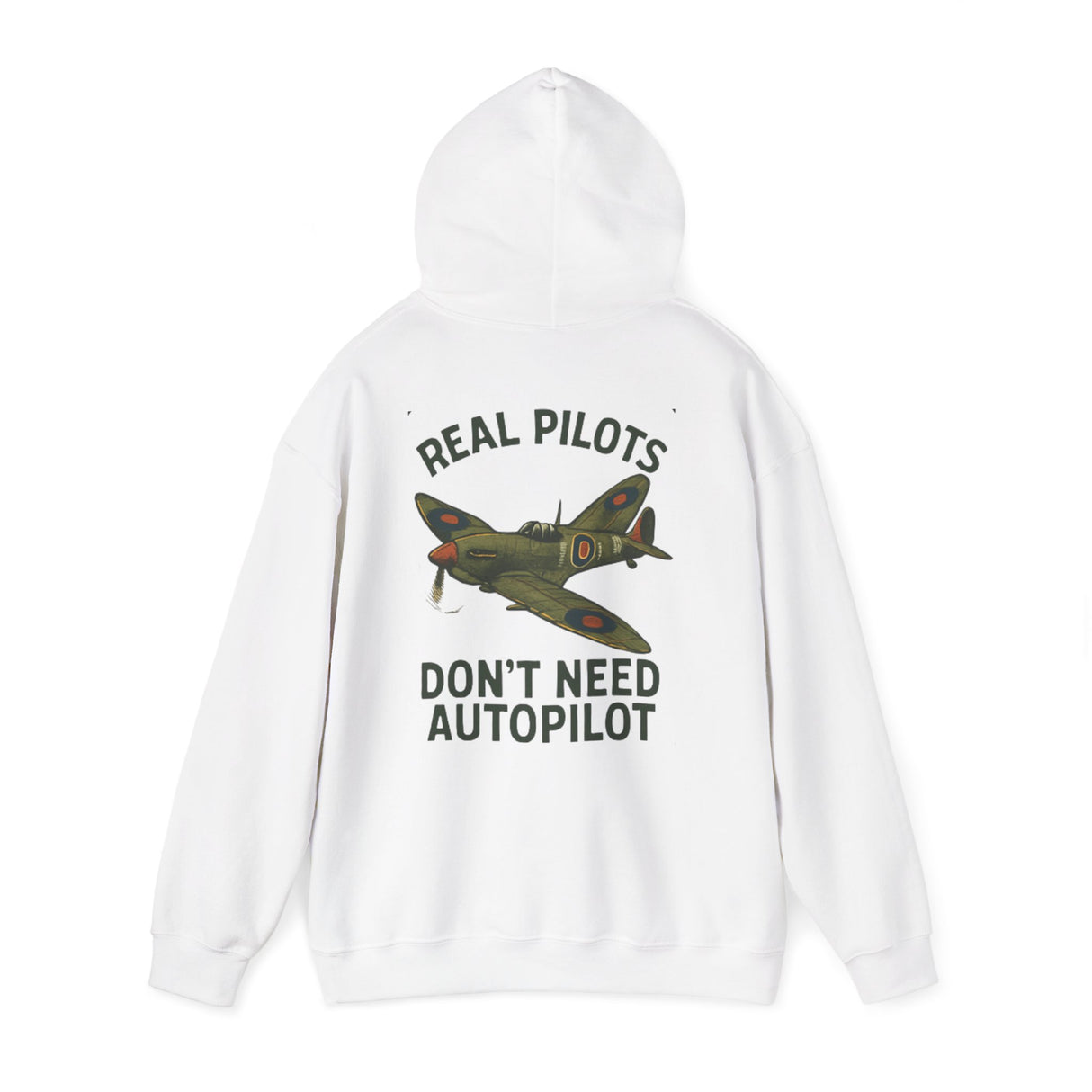 Close-up on the cozy kangaroo pocket of the Pilot Hoodie – 'Real Pilots Don't Need Autopilot' ready for chilly days.