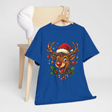 Close-up of the print on the Christmas Reindeer Tee with Santa hats, holly, and candy canes for a holiday look.