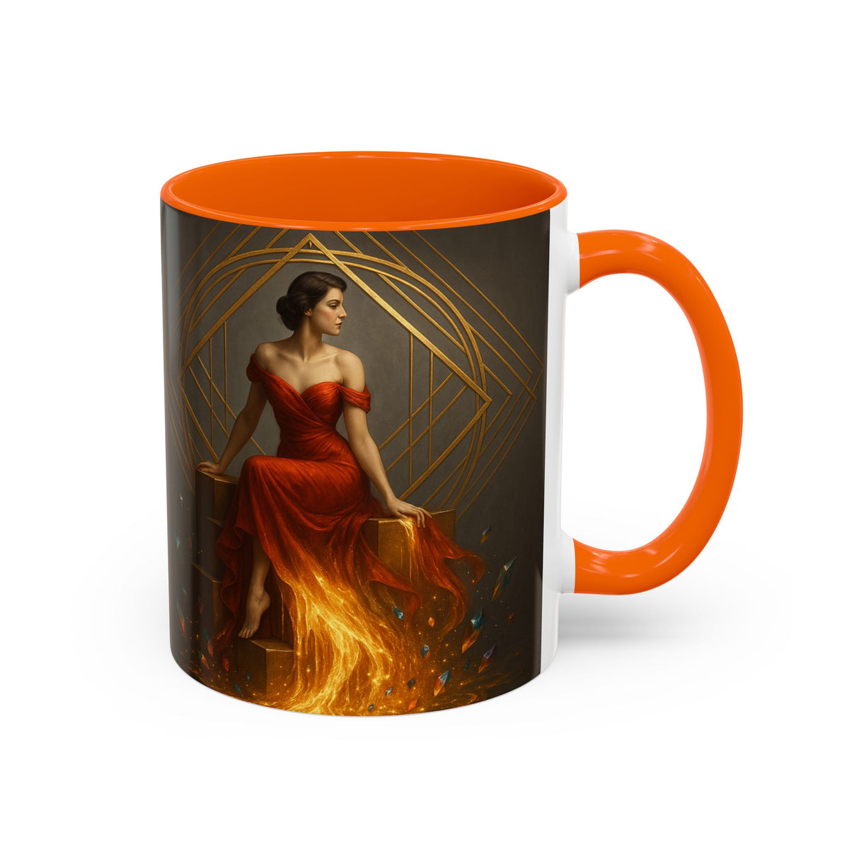 Fiery Goddess Accent Coffee Mug with a vibrant print that contrasts beautifully with its black details.