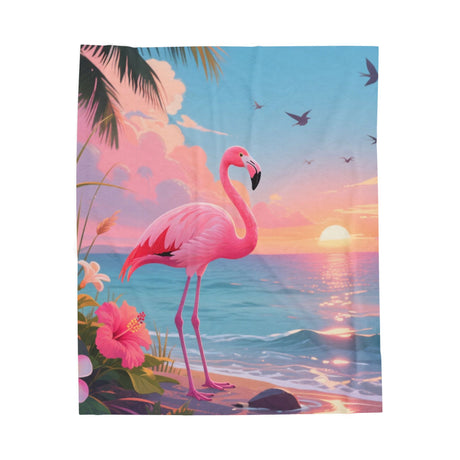 Flamingo Sunset Velveteen Plush Blanket — Tropical Beach Throw  50" × 60"
