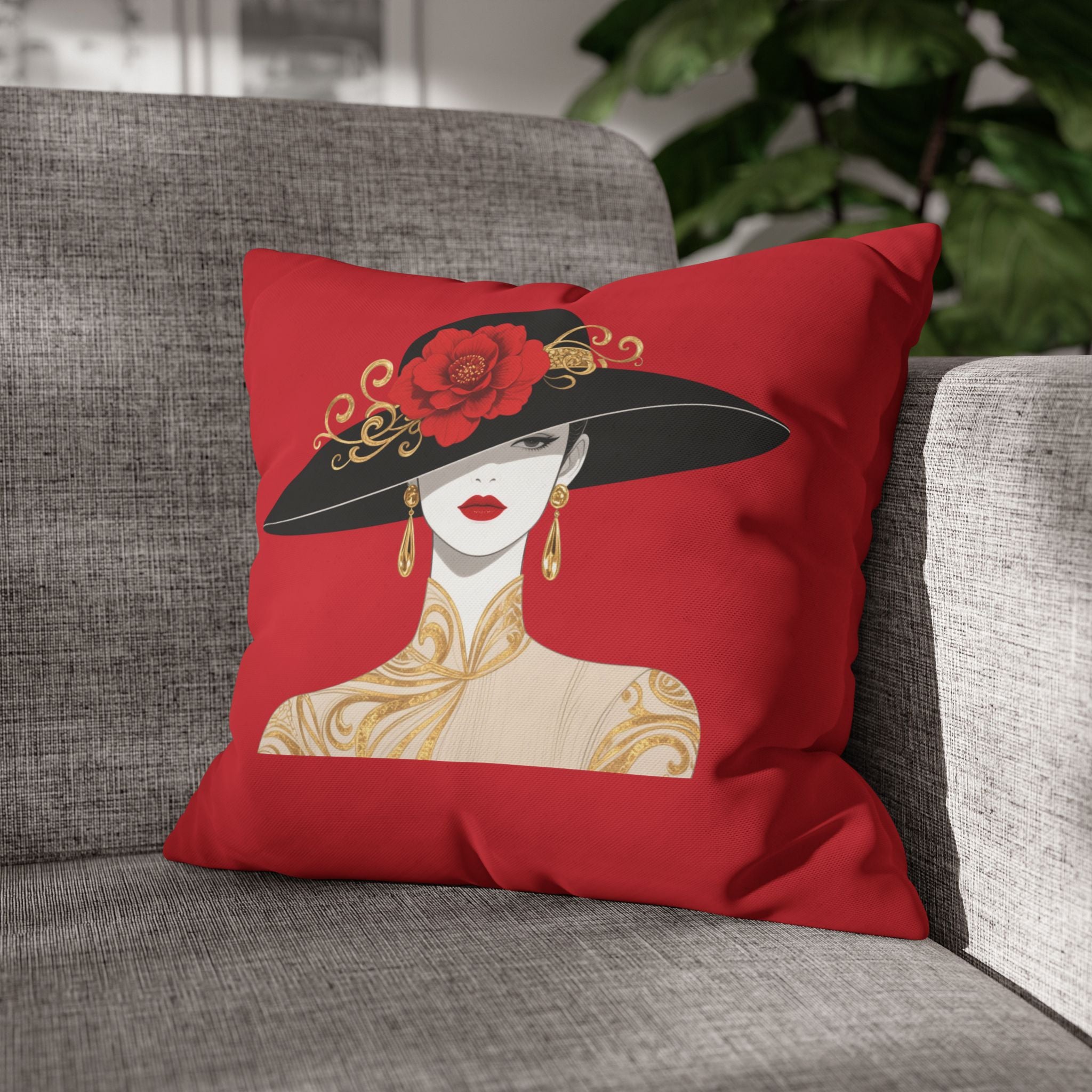Elegant Red Lady Pillowcase — Decorative Square Accent Pillow Cover   16" × 16"