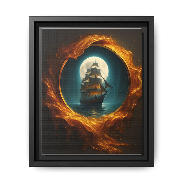 Framed Matte Canvas of Moonlit Pirate Ship with Fiery Vortex, showcasing cinematic maritime fantasy.
