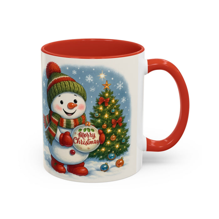 Christmas Snowman Coffee Mug displayed with snowflakes and holiday decor, enhancing its festive charm.