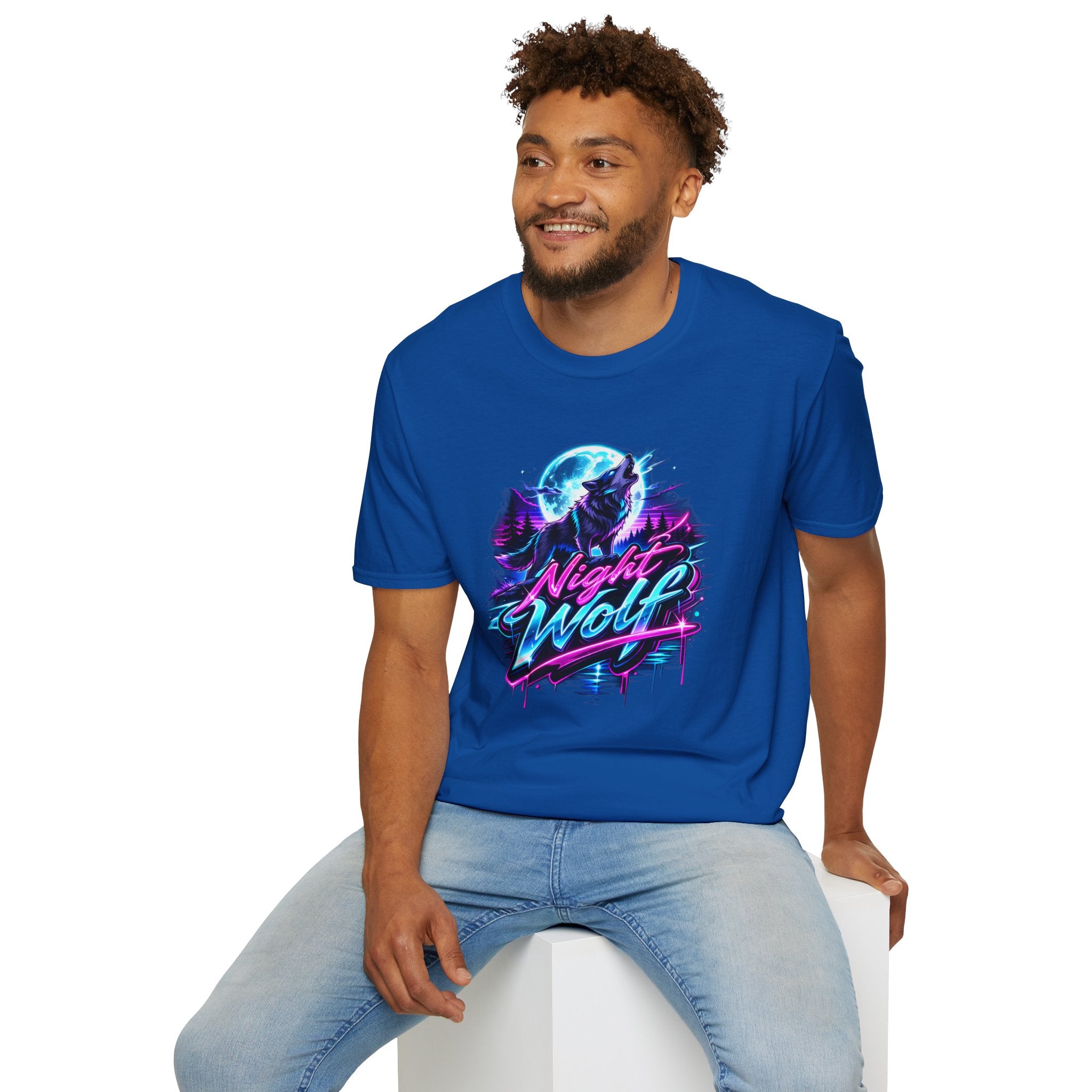 Night Wolf T-Shirt Retro Neon Wolf Graphic Tee blue