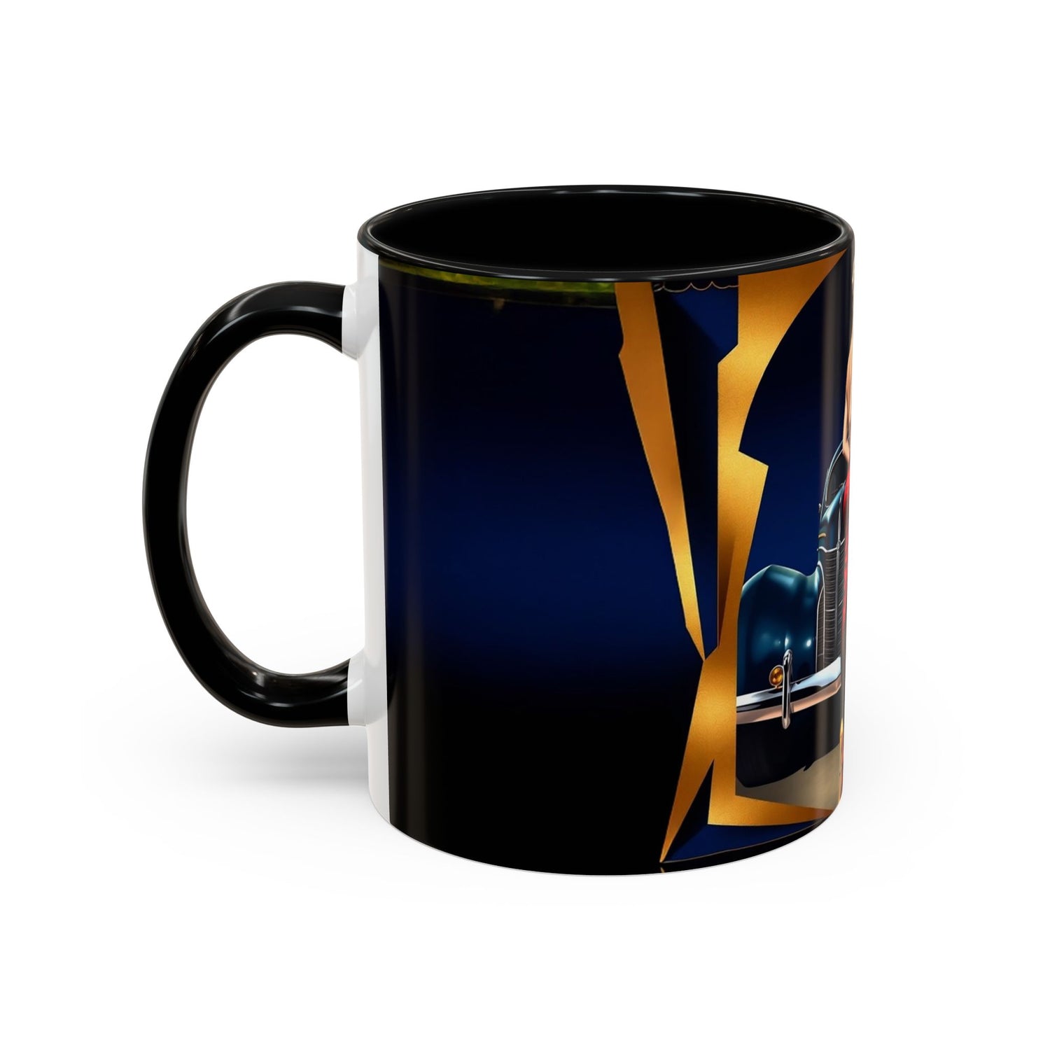 Vintage Pin-Up Coffee Mug - Classic Car Design next to a plate of cookies, perfect for pairing.
