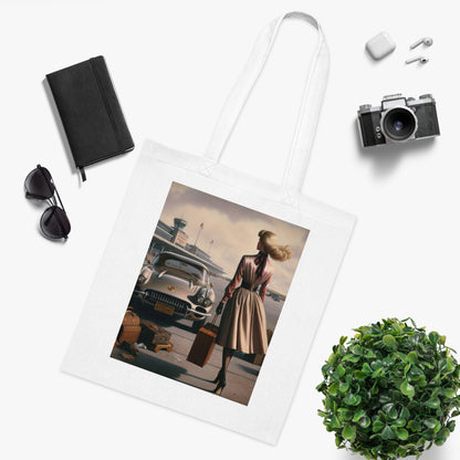 A person carrying the Vintage Travel Cotton Tote Bag at a coffee shop.