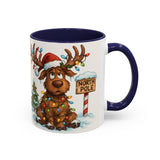 Artistic view of Christmas Reindeer Coffee Mug, highlighting its red interior and cheerful holiday design.