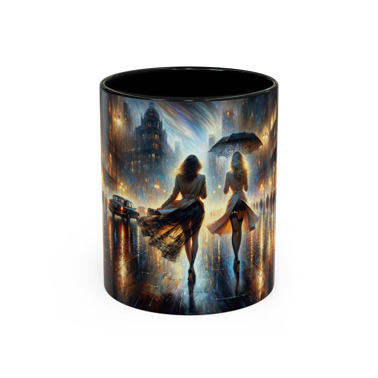 Elegant Nighttime Cityscape Coffee Mug showcasing vibrant colors, perfect for coffee lovers.