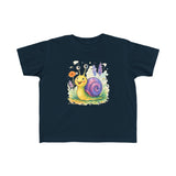Cute Snail Toddler T-Shirt - Fun and Colorful Jersey Tee for Kids shown on a smiling toddler.