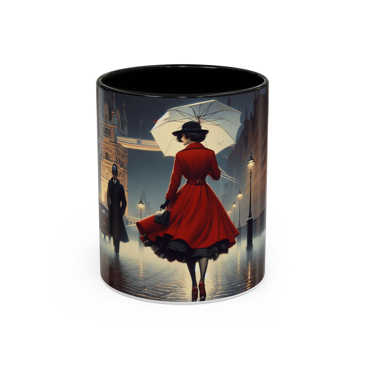 Elegant Red Dress Coffee Mug showcasing vibrant artistic city scene with glossy finish.