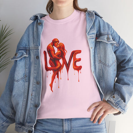 Love Silhouette T-Shirt - Romantic Dripping Heart Design featuring a bold intimate embrace graphic in deep reds and blues.