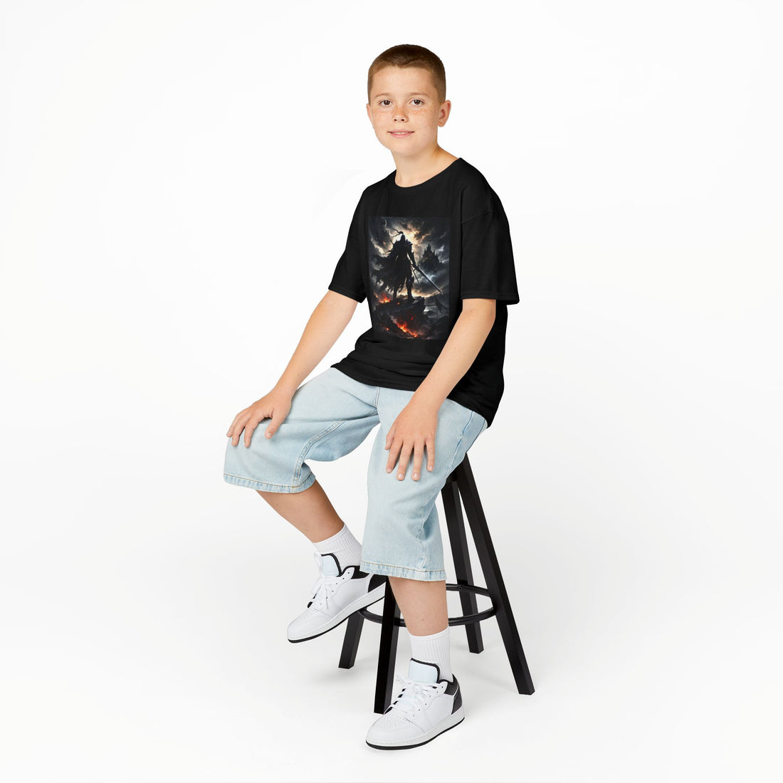 Kids Fantasy Warrior T‑Shirt — Dark Knight Battle Scene Graphic Tee