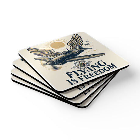 Close-up view of the cork backing on the Flying Is Freedom Cork Coaster Set, providing grip and surface protection.