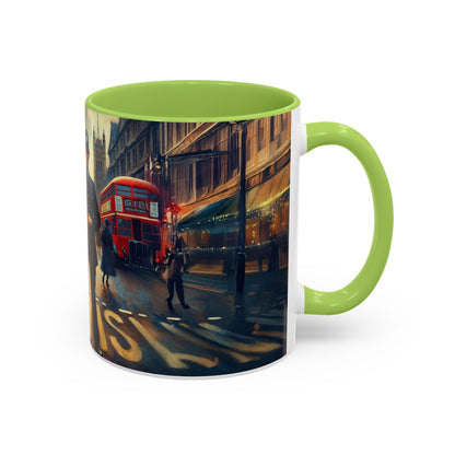 Vintage-Inspired Cityscape Accent Coffee Mug - 11oz &amp; 15oz against vibrant city backdrop.