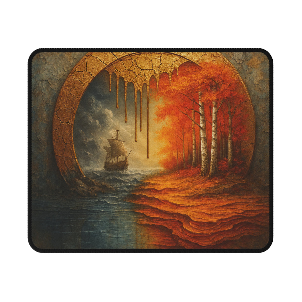 Close-up of the Autumn Voyage Gaming Mouse Pad showcasing vibrant autumn tones and high-resolution printing against a non-slip rubber base.