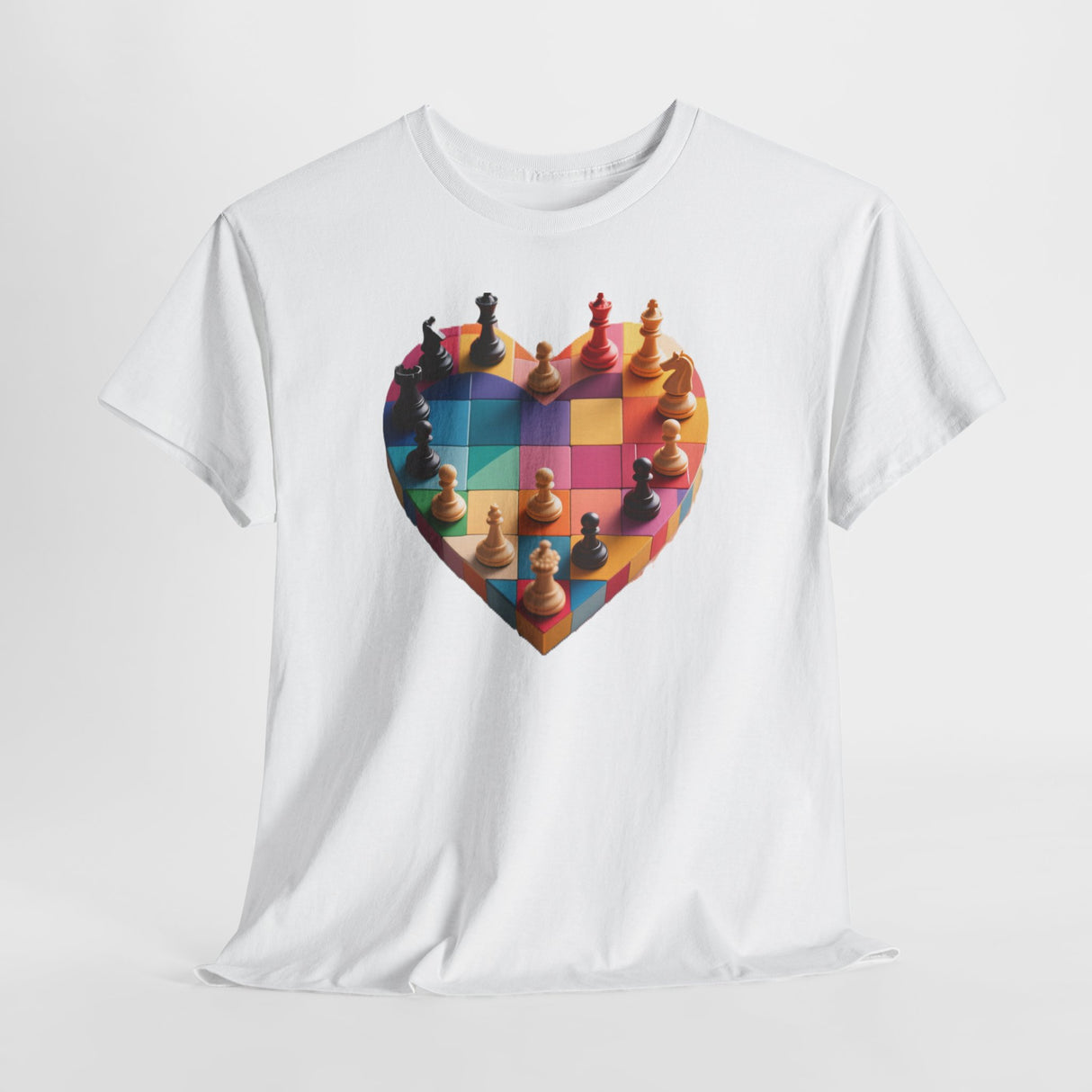 Stylish individual wearing Chess Heart T‑Shirt while playing chess outdoors.
