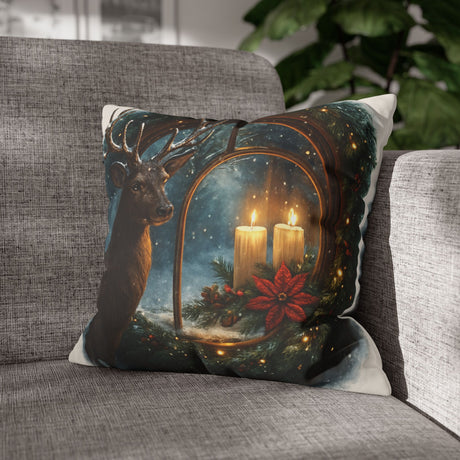Christmas Deer Candle Window Pillow Cover - Cozy 16" × 16" decorative throw pillowcase featuring a serene stag design surrounded by a glowing wreath and candlelight.