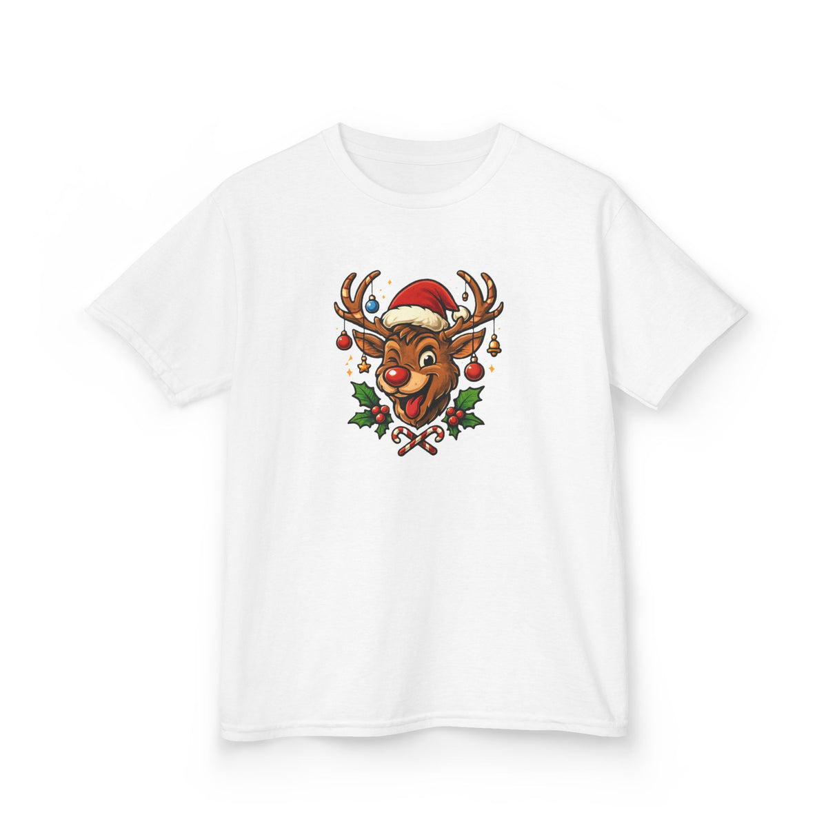 Detail shot of the Kids Christmas Reindeer Tee — Cute Santa Hat Rudolph Holiday Shirt with colorful Christmas baubles.
