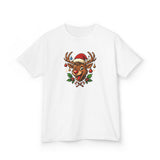 Detail shot of the Kids Christmas Reindeer Tee — Cute Santa Hat Rudolph Holiday Shirt with colorful Christmas baubles.